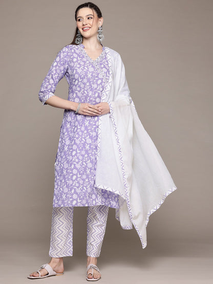 Straight Style Cotton Fabric Purple Color Kurta With Bottom And Dupatta