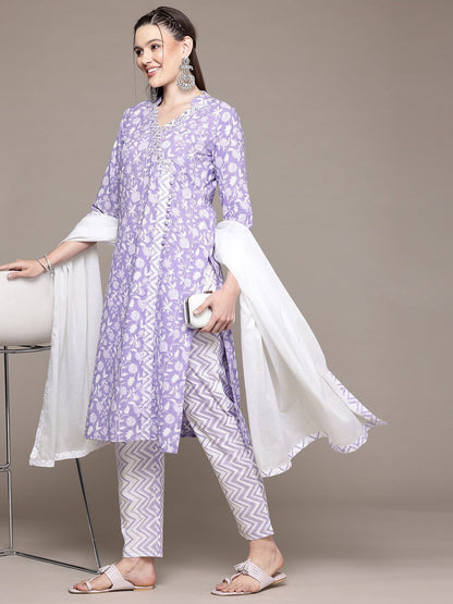 Straight Style Cotton Fabric Purple Color Kurta With Bottom And Dupatta