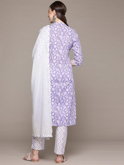 Straight Style Cotton Fabric Purple Color Kurta With Bottom And Dupatta