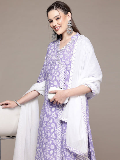 Straight Style Cotton Fabric Purple Color Kurta With Bottom And Dupatta