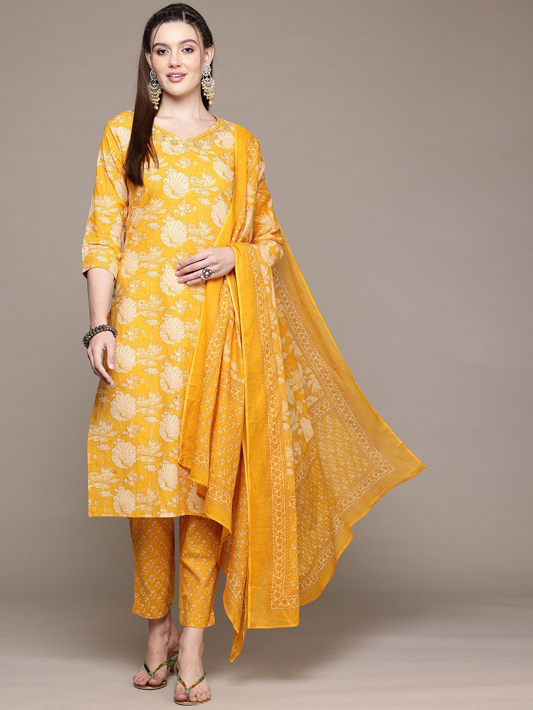 Straight Style Cotton Fabric Mustard Color Kurta With Bottom And Dupatta