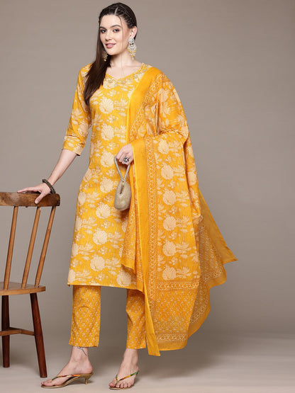 Straight Style Cotton Fabric Mustard Color Kurta With Bottom And Dupatta