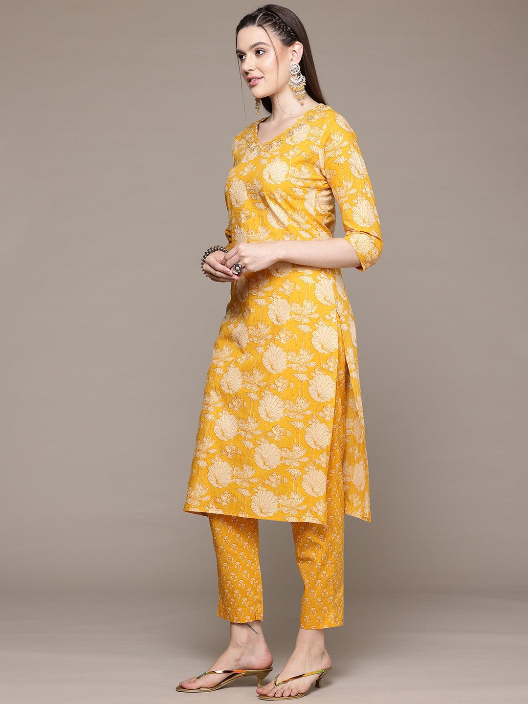 Straight Style Cotton Fabric Mustard Color Kurta With Bottom And Dupatta