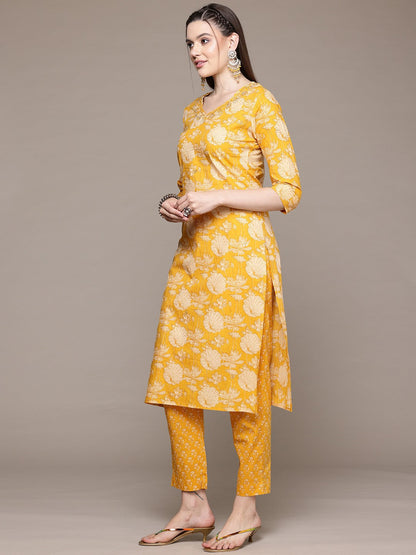 Straight Style Cotton Fabric Mustard Color Kurta With Bottom And Dupatta