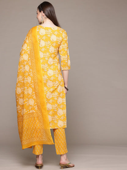 Straight Style Cotton Fabric Mustard Color Kurta With Bottom And Dupatta