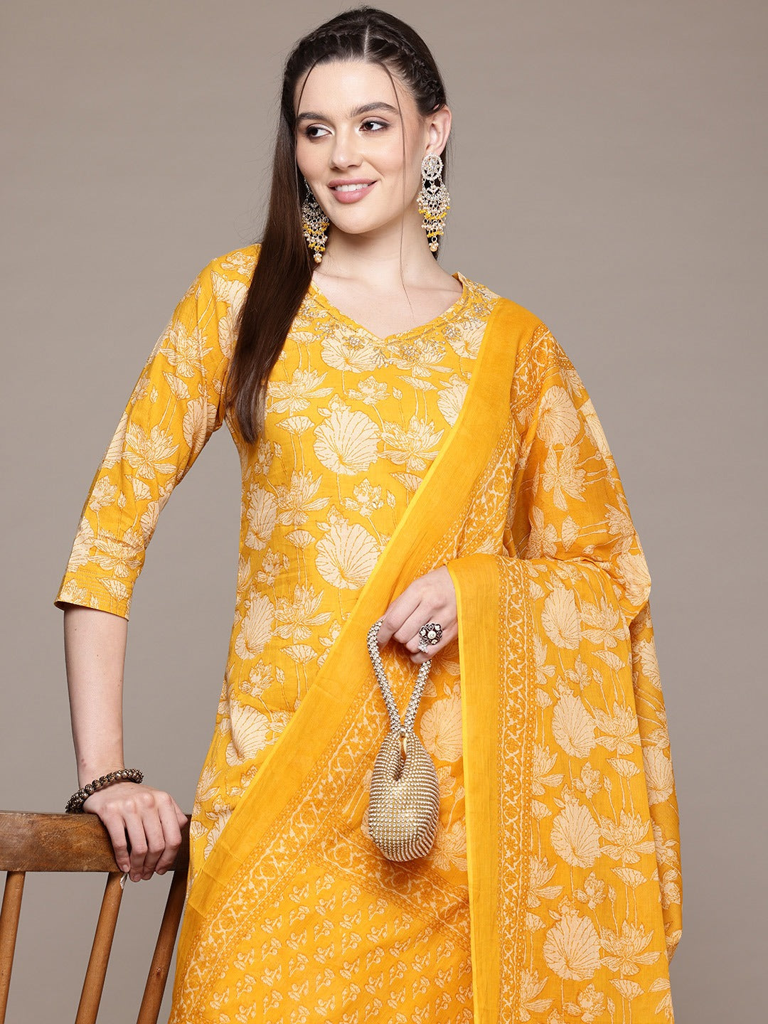 Straight Style Cotton Fabric Mustard Color Kurta With Bottom And Dupatta