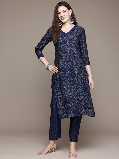 Straight Style Silk Fabric Navy Blue Color Kurta With Bottom