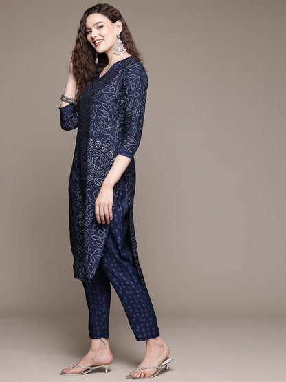 Straight Style Silk Fabric Navy Blue Color Kurta With Bottom