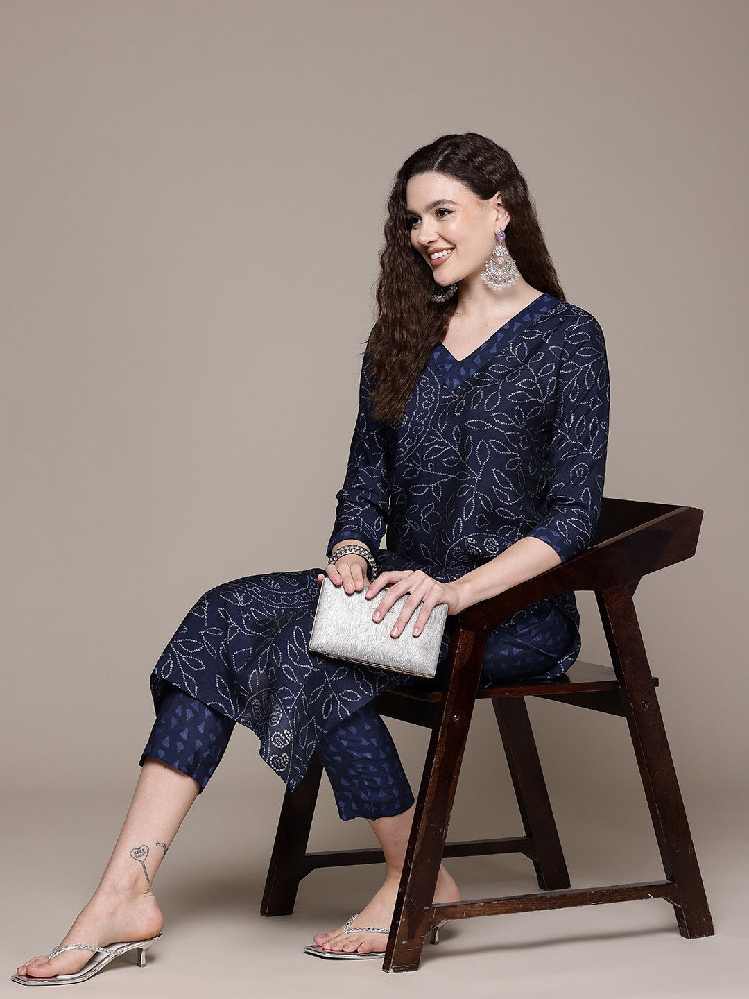 Straight Style Silk Fabric Navy Blue Color Kurta With Bottom