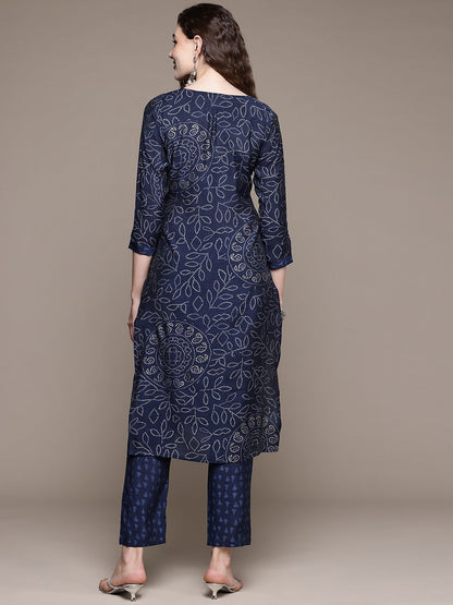 Straight Style Silk Fabric Navy Blue Color Kurta With Bottom