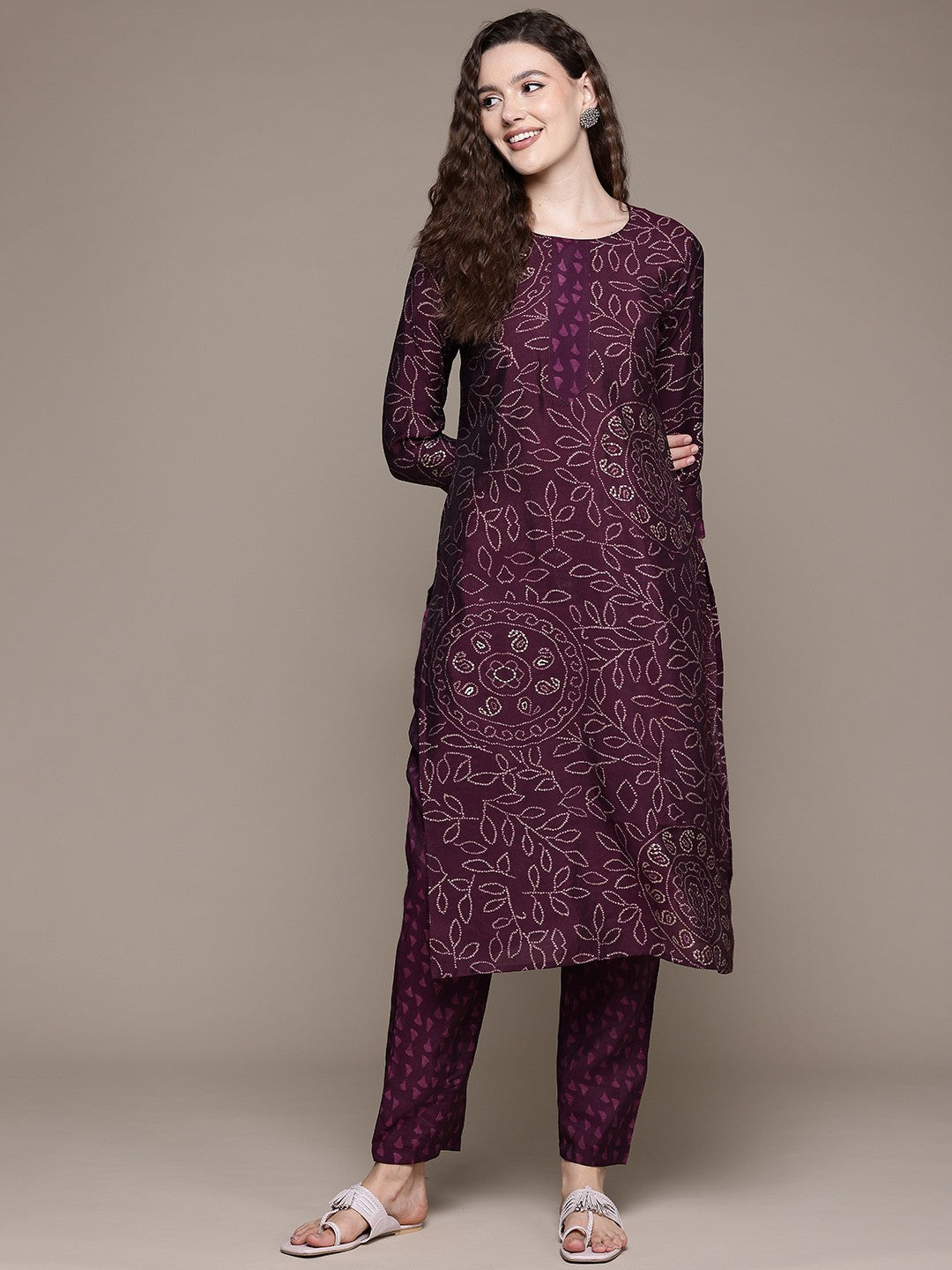 Straight Style Silk Fabric Violet Color Kurta With Bottom