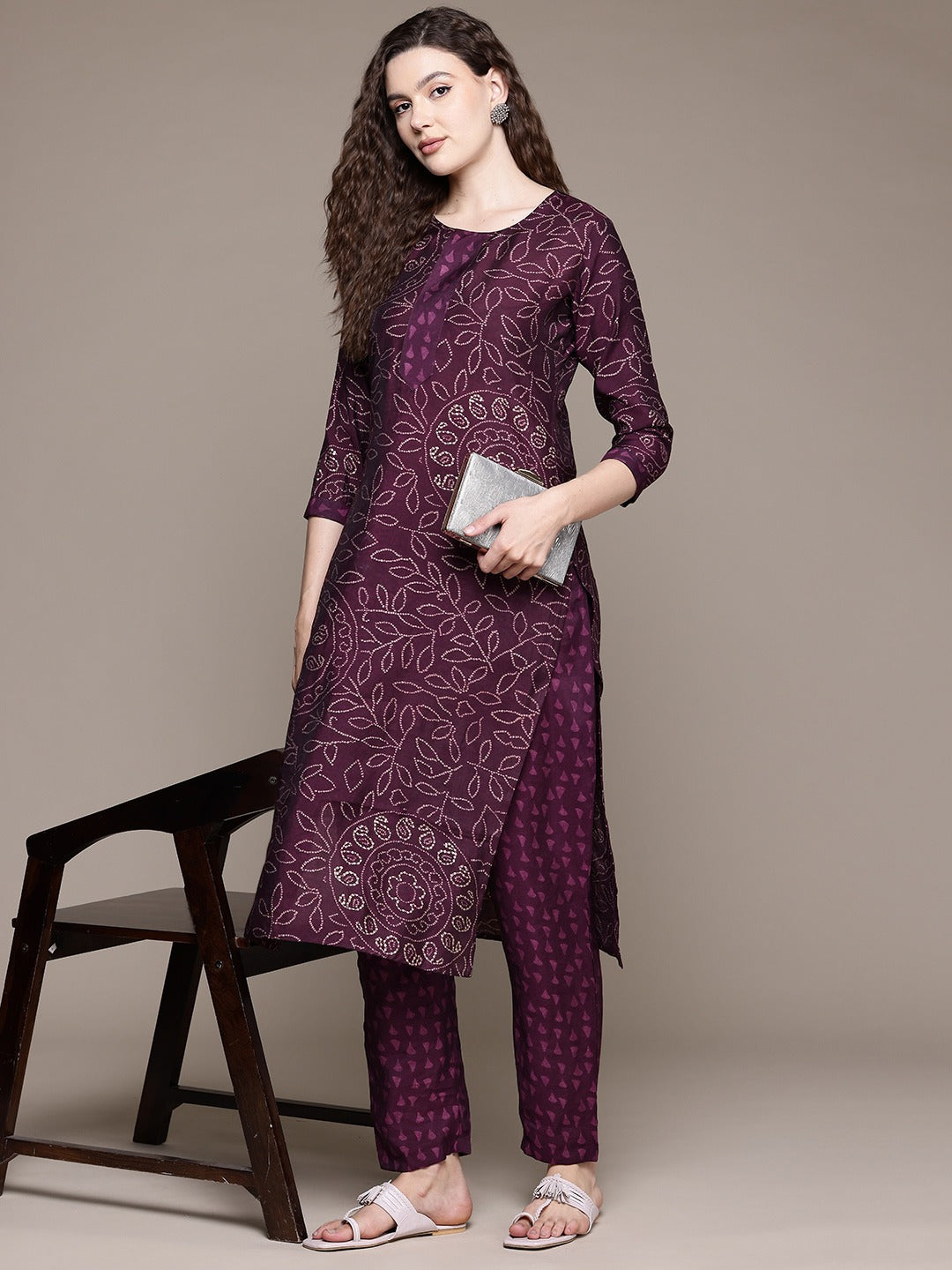 Straight Style Silk Fabric Violet Color Kurta With Bottom