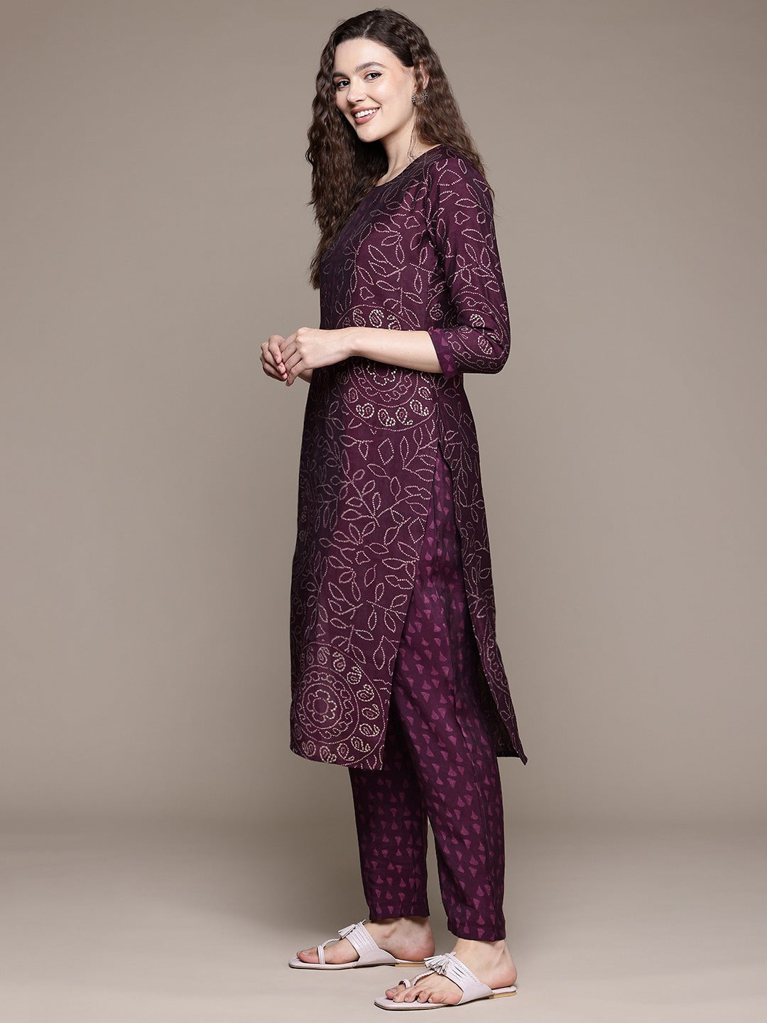 Straight Style Silk Fabric Violet Color Kurta With Bottom