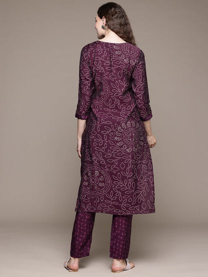 Straight Style Silk Fabric Violet Color Kurta With Bottom