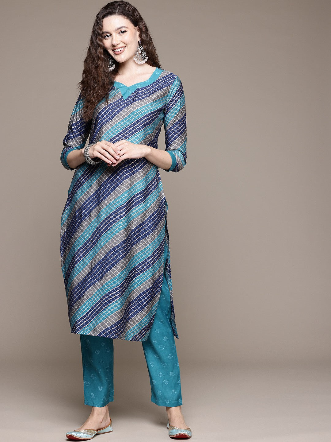 Straight Style Silk Fabric Turquoise Blue Color Kurta With Bottom