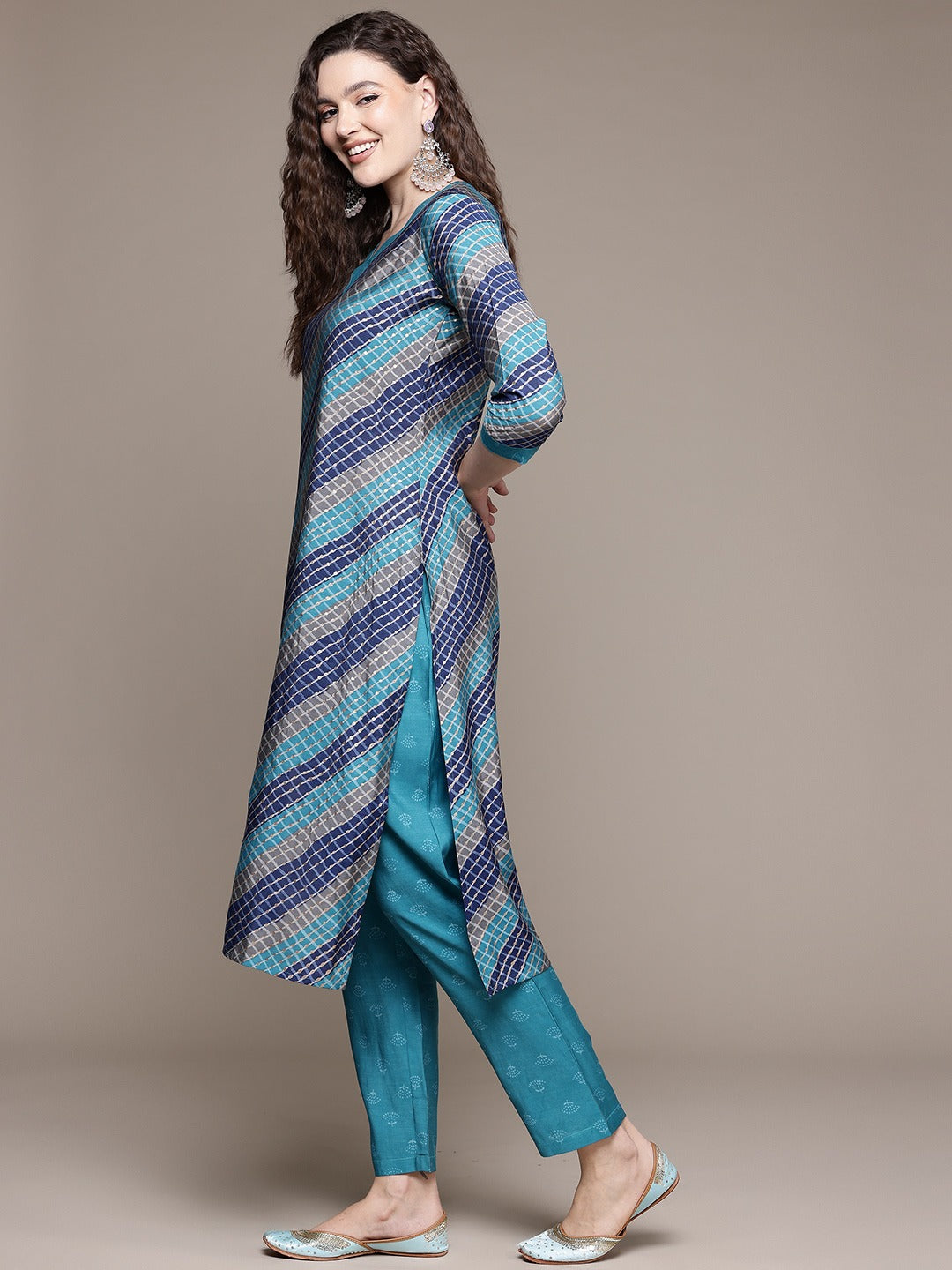 Straight Style Silk Fabric Turquoise Blue Color Kurta With Bottom