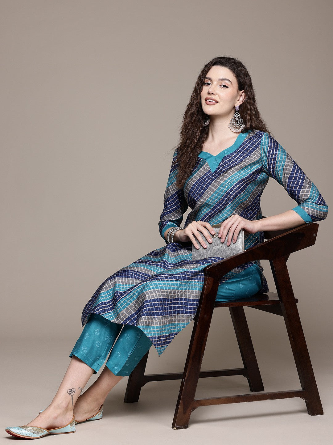 Straight Style Silk Fabric Turquoise Blue Color Kurta With Bottom