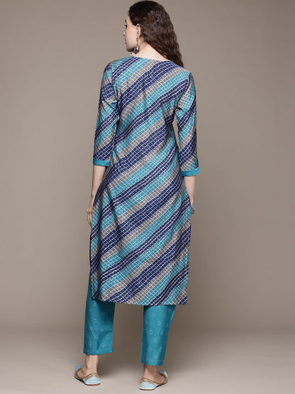 Straight Style Silk Fabric Turquoise Blue Color Kurta With Bottom