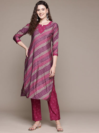 Straight Style Silk Fabric Pink Color Kurta With Bottom