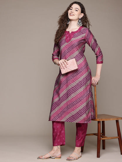 Straight Style Silk Fabric Pink Color Kurta With Bottom