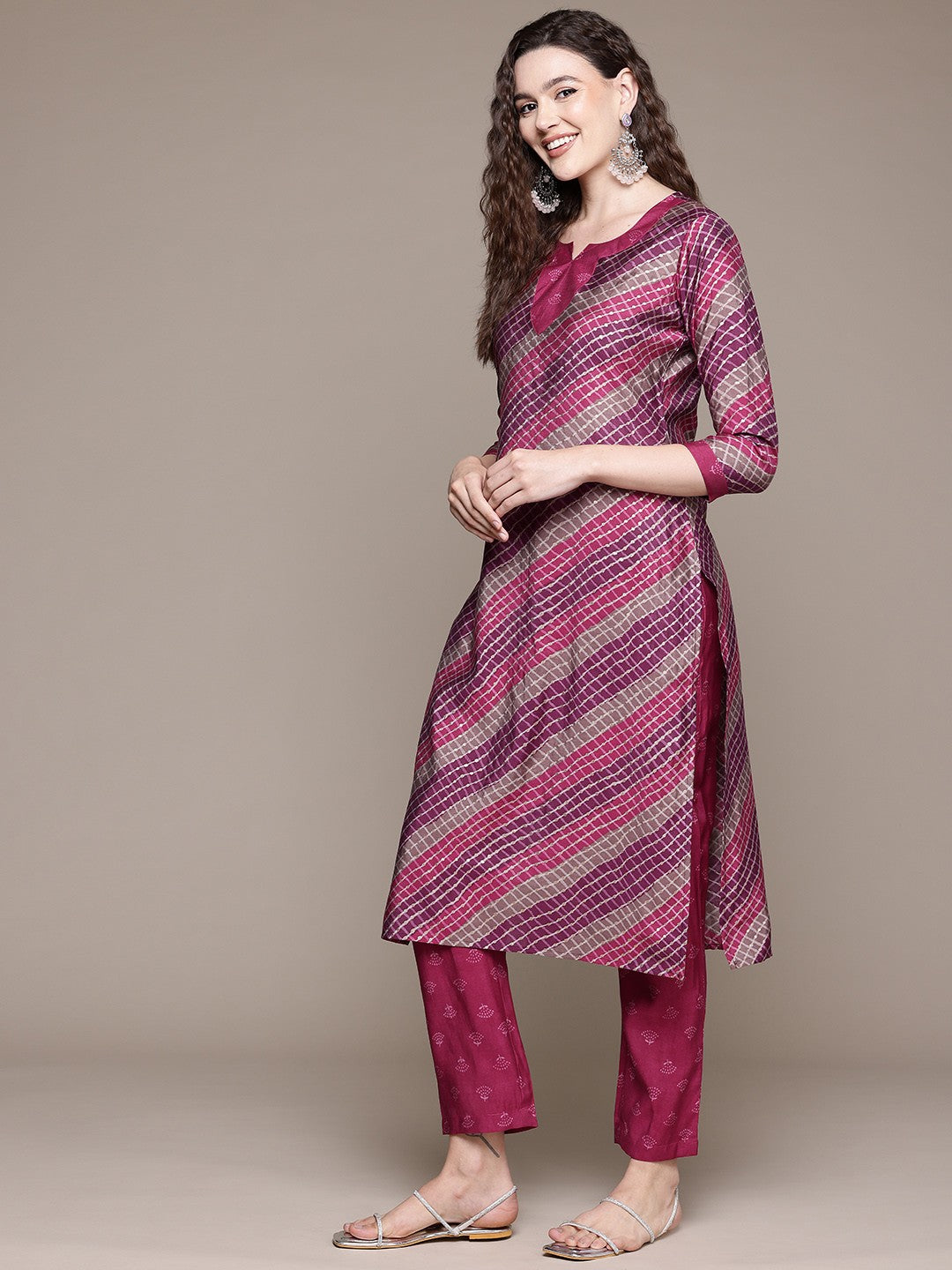 Straight Style Silk Fabric Pink Color Kurta With Bottom