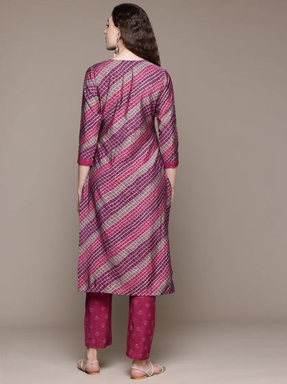 Straight Style Silk Fabric Pink Color Kurta With Bottom