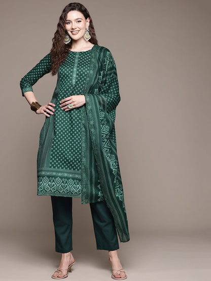 Straight Style Cotton Fabric Green Color Kurta With Bottom And Dupatta