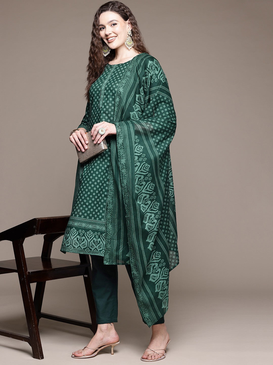 Straight Style Cotton Fabric Green Color Kurta With Bottom And Dupatta