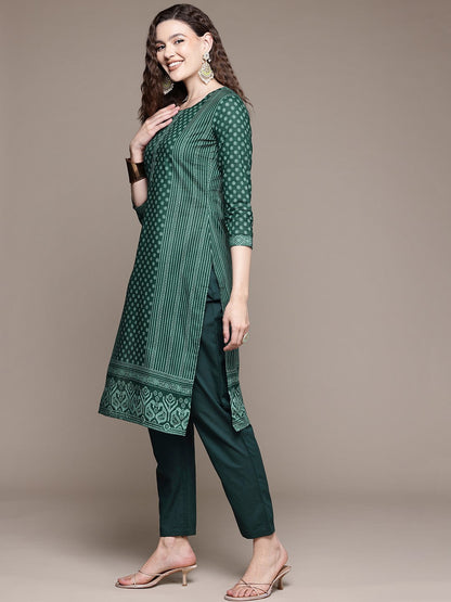 Straight Style Cotton Fabric Green Color Kurta With Bottom And Dupatta