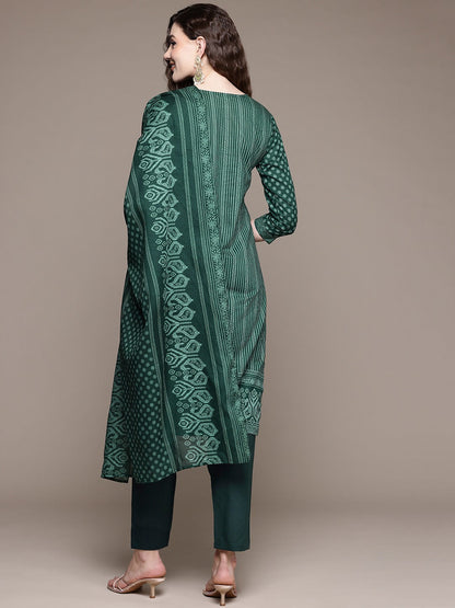 Straight Style Cotton Fabric Green Color Kurta With Bottom And Dupatta