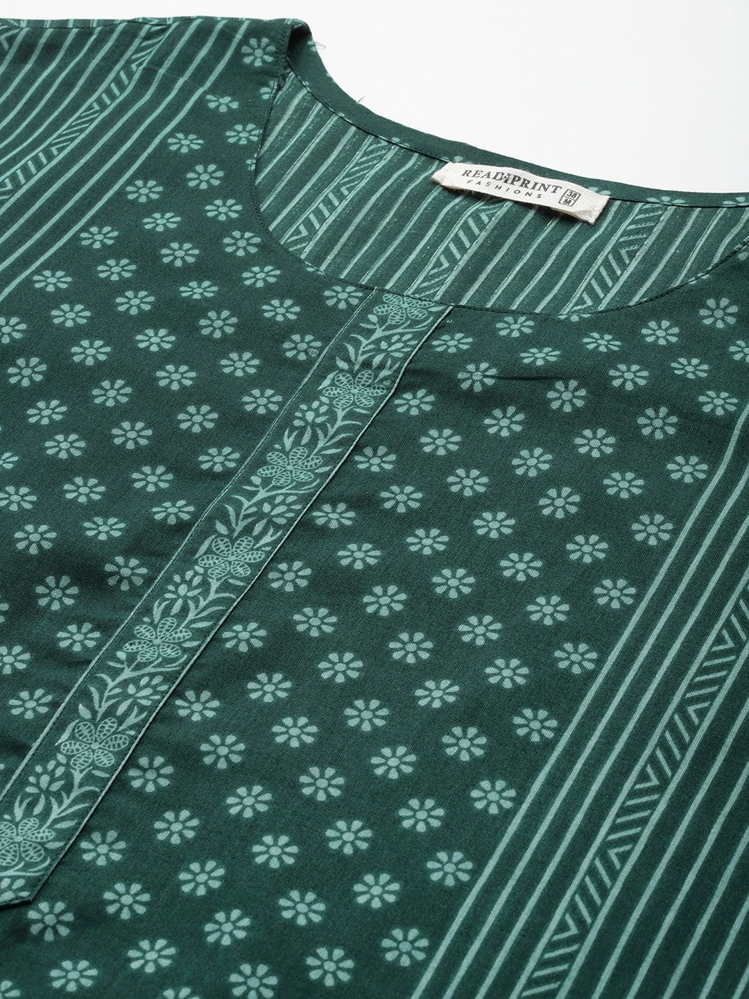 Straight Style Cotton Fabric Green Color Kurta With Bottom And Dupatta