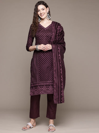 Straight Style Cotton Fabric Burgundy Color Kurta With Bottom And Dupatta