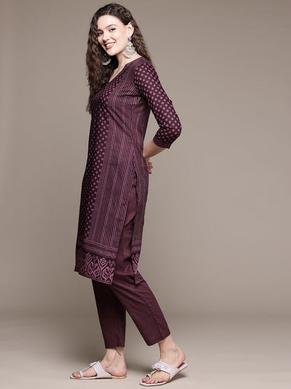 Straight Style Cotton Fabric Burgundy Color Kurta With Bottom And Dupatta