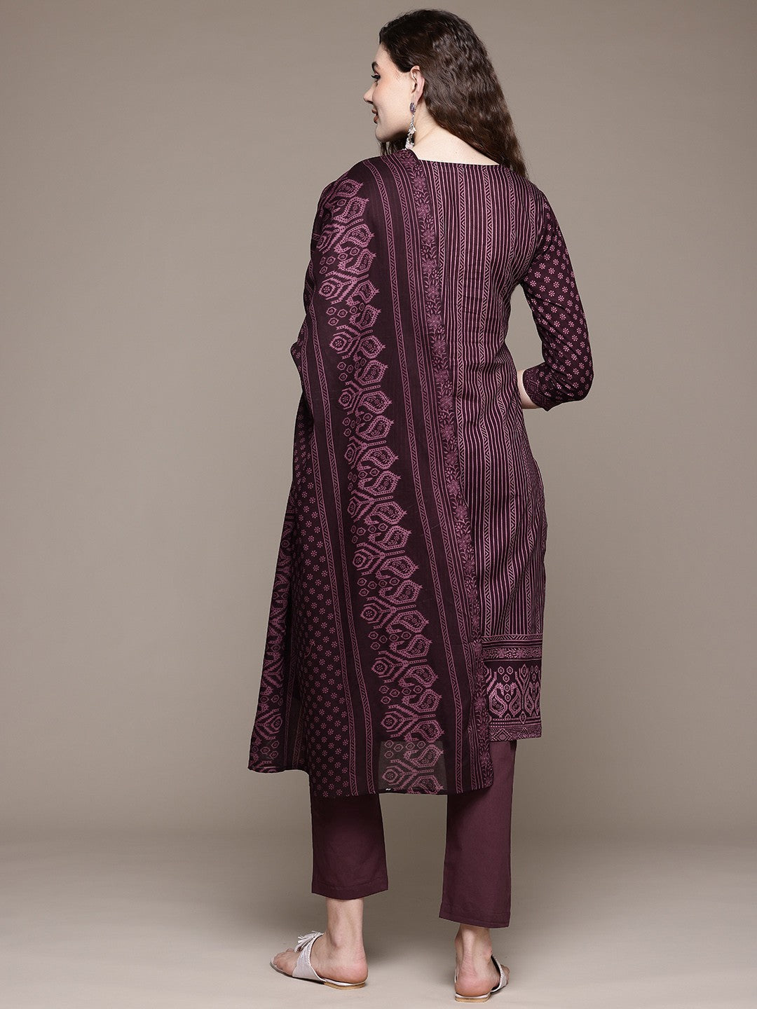 Straight Style Cotton Fabric Burgundy Color Kurta With Bottom And Dupatta