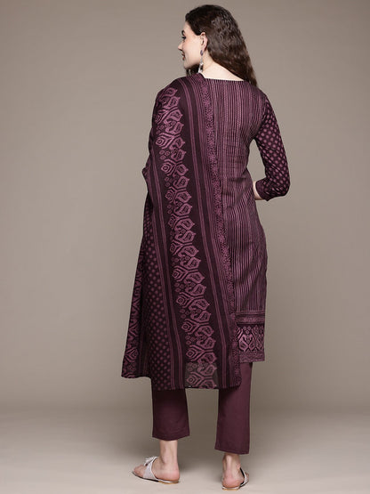 Straight Style Cotton Fabric Burgundy Color Kurta With Bottom And Dupatta