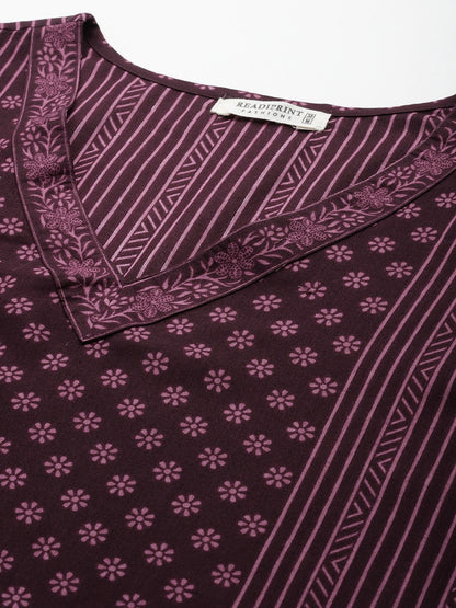 Straight Style Cotton Fabric Burgundy Color Kurta With Bottom And Dupatta