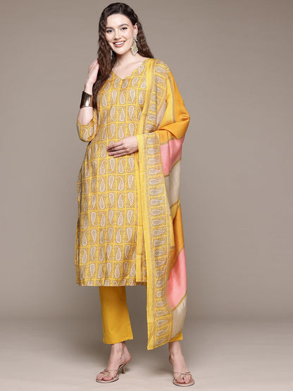 Straight Style Silk Fabric Mustard Color Kurta With Bottom And Dupatta