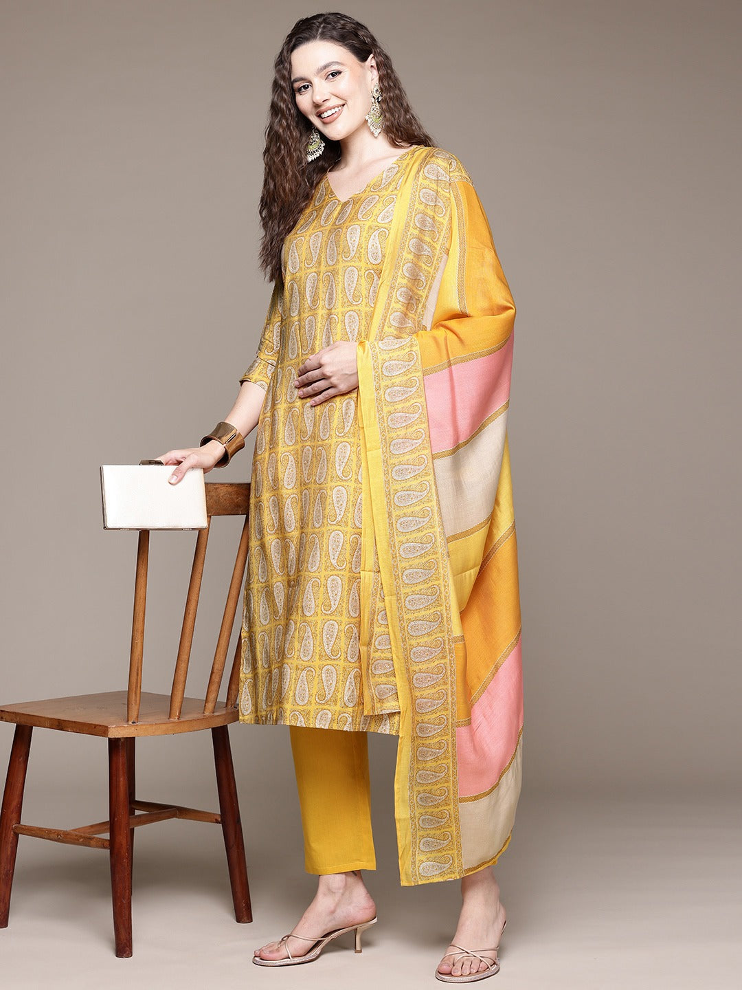 Straight Style Silk Fabric Mustard Color Kurta With Bottom And Dupatta