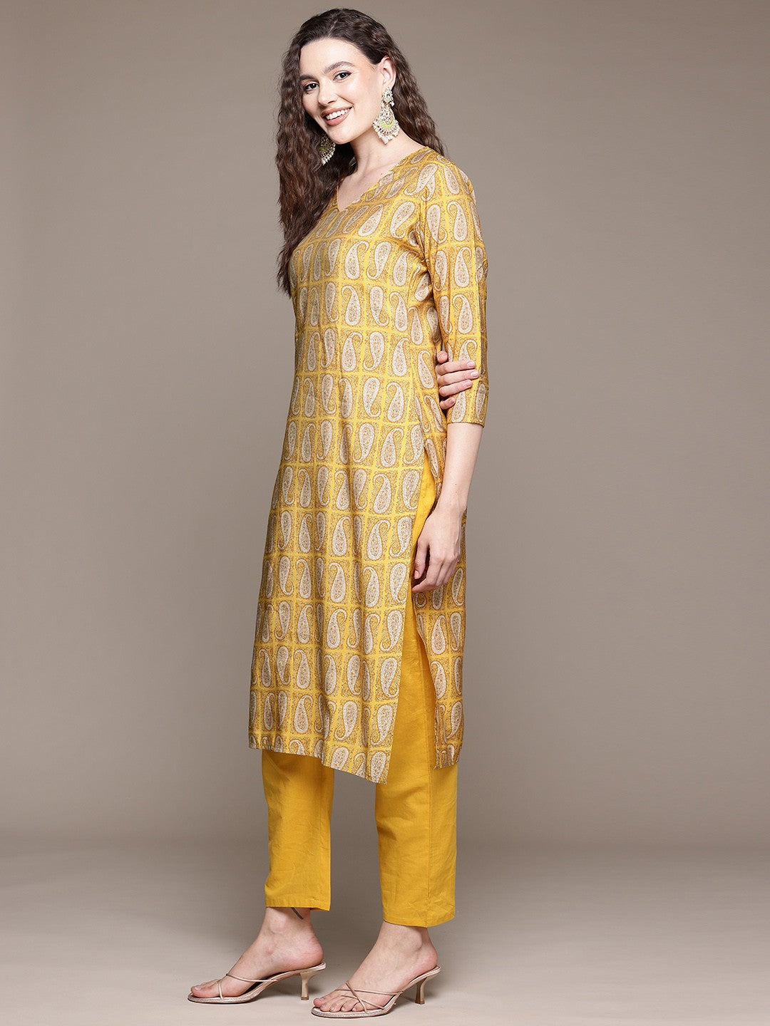 Straight Style Silk Fabric Mustard Color Kurta With Bottom And Dupatta