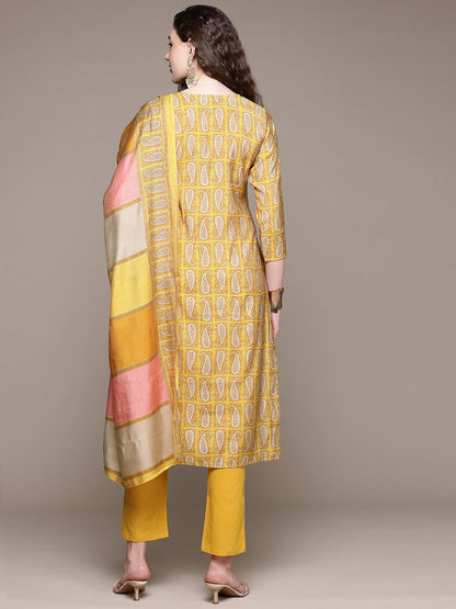 Straight Style Silk Fabric Mustard Color Kurta With Bottom And Dupatta