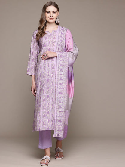 Straight Style Silk Fabric Lavender Color Kurta With Bottom And Dupatta