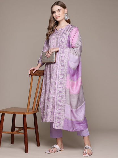 Straight Style Silk Fabric Lavender Color Kurta With Bottom And Dupatta