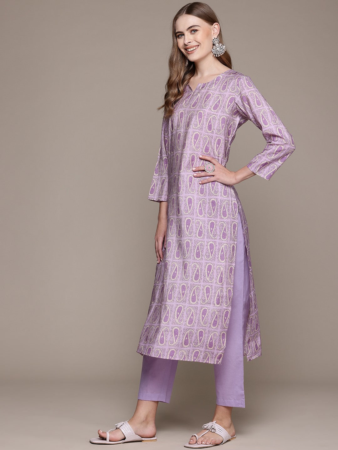 Straight Style Silk Fabric Lavender Color Kurta With Bottom And Dupatta