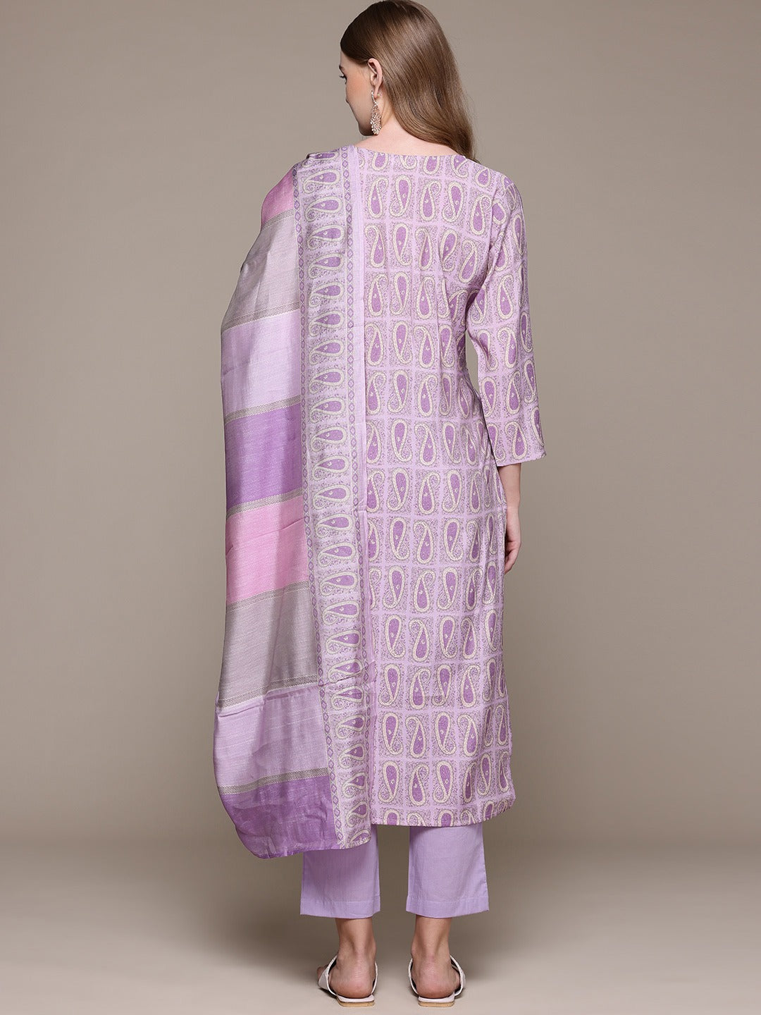 Straight Style Silk Fabric Lavender Color Kurta With Bottom And Dupatta