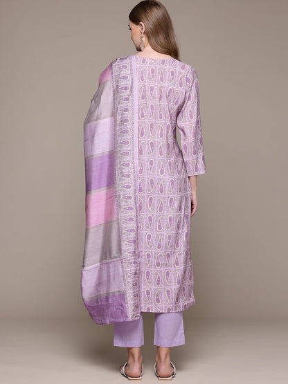 Straight Style Silk Fabric Lavender Color Kurta With Bottom And Dupatta