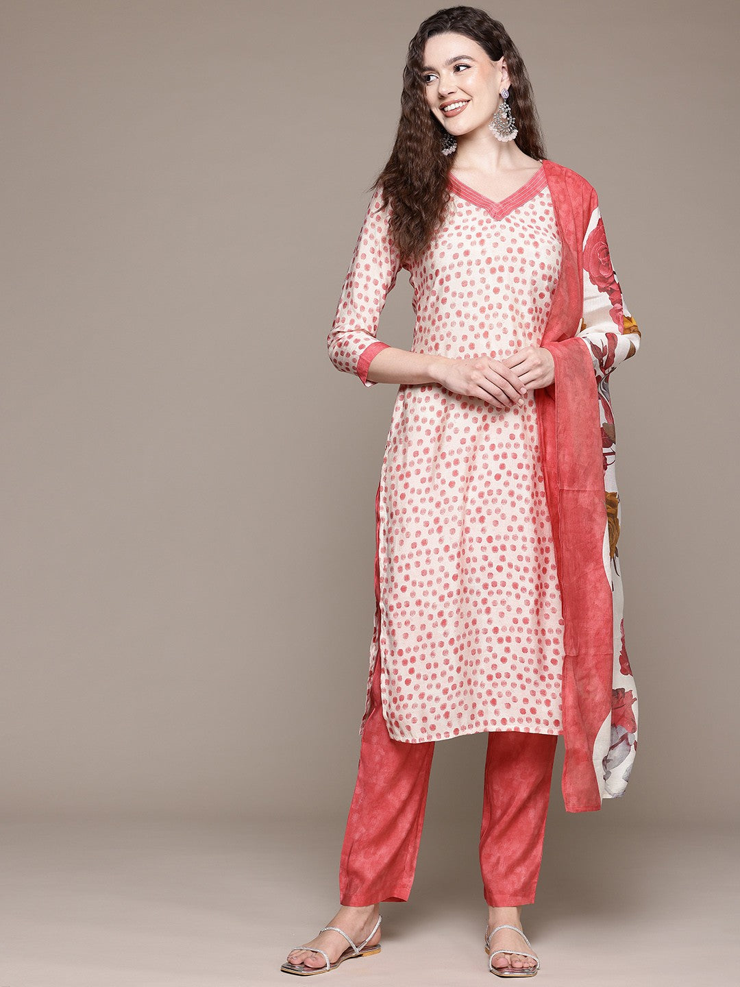 Straight Style Silk Fabric Peach Color Kurta With Bottom And Dupatta