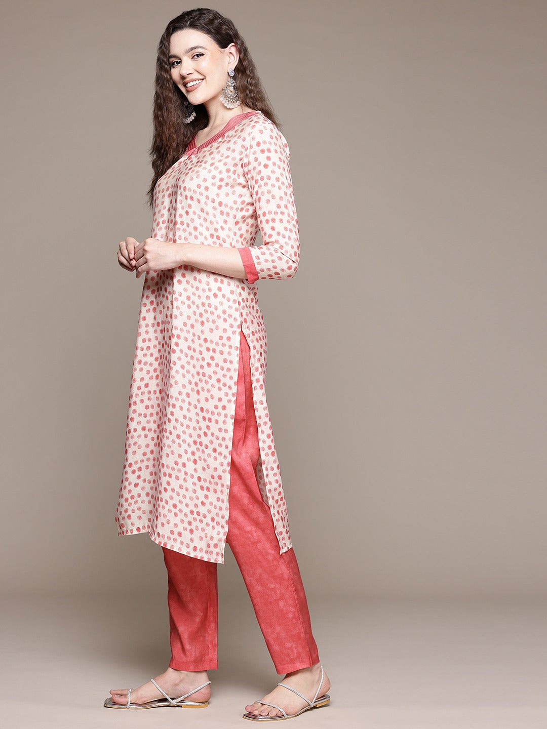 Straight Style Silk Fabric Peach Color Kurta With Bottom And Dupatta