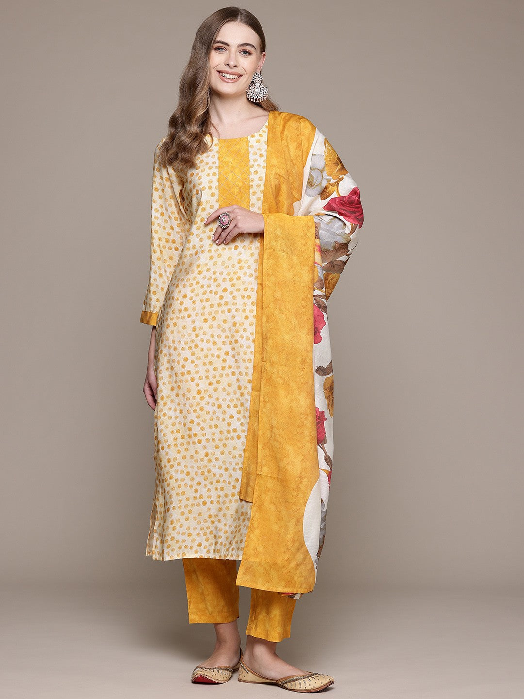 Straight Style Silk Fabric Mustard Color Kurta With Bottom And Dupatta