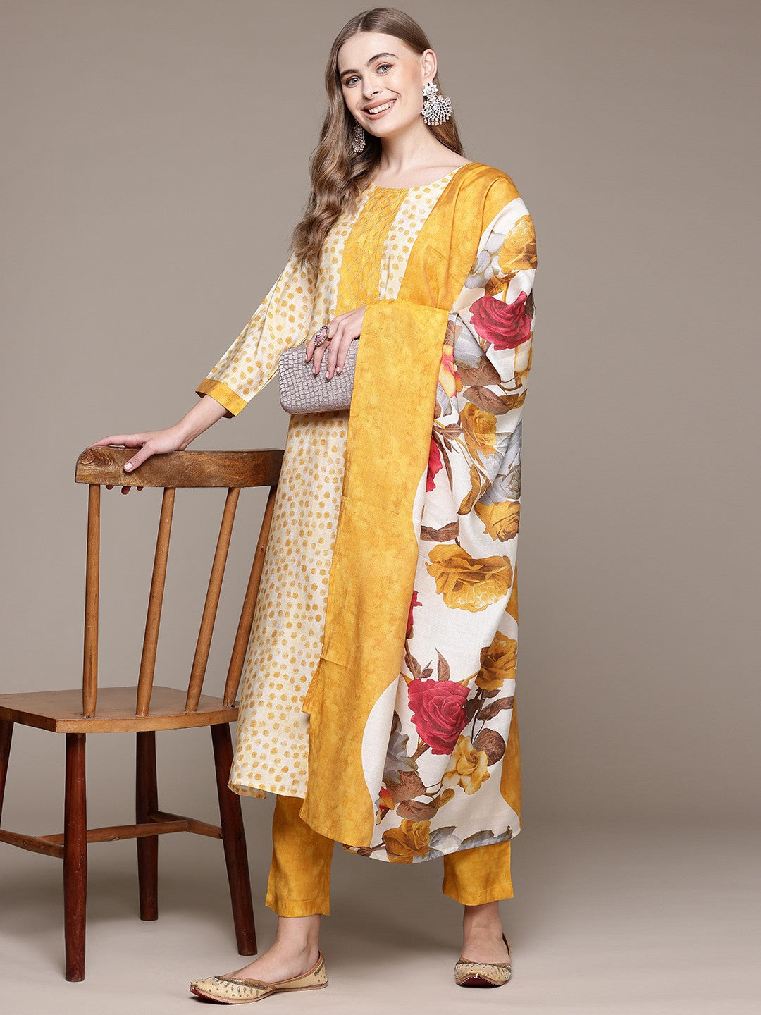 Straight Style Silk Fabric Mustard Color Kurta With Bottom And Dupatta