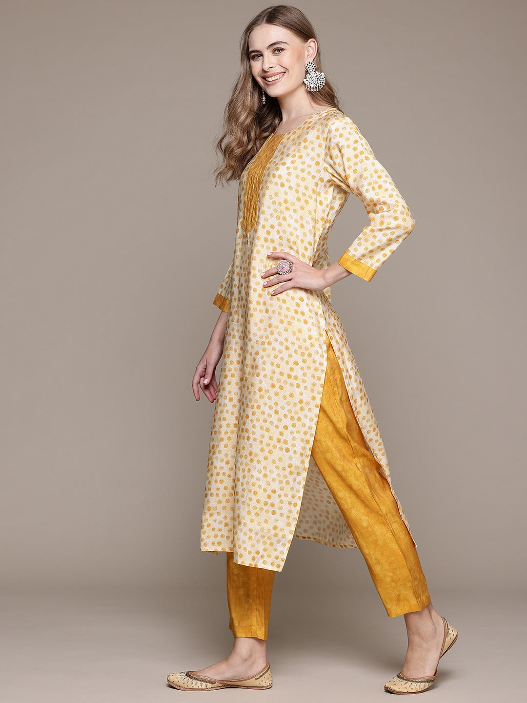 Straight Style Silk Fabric Mustard Color Kurta With Bottom And Dupatta